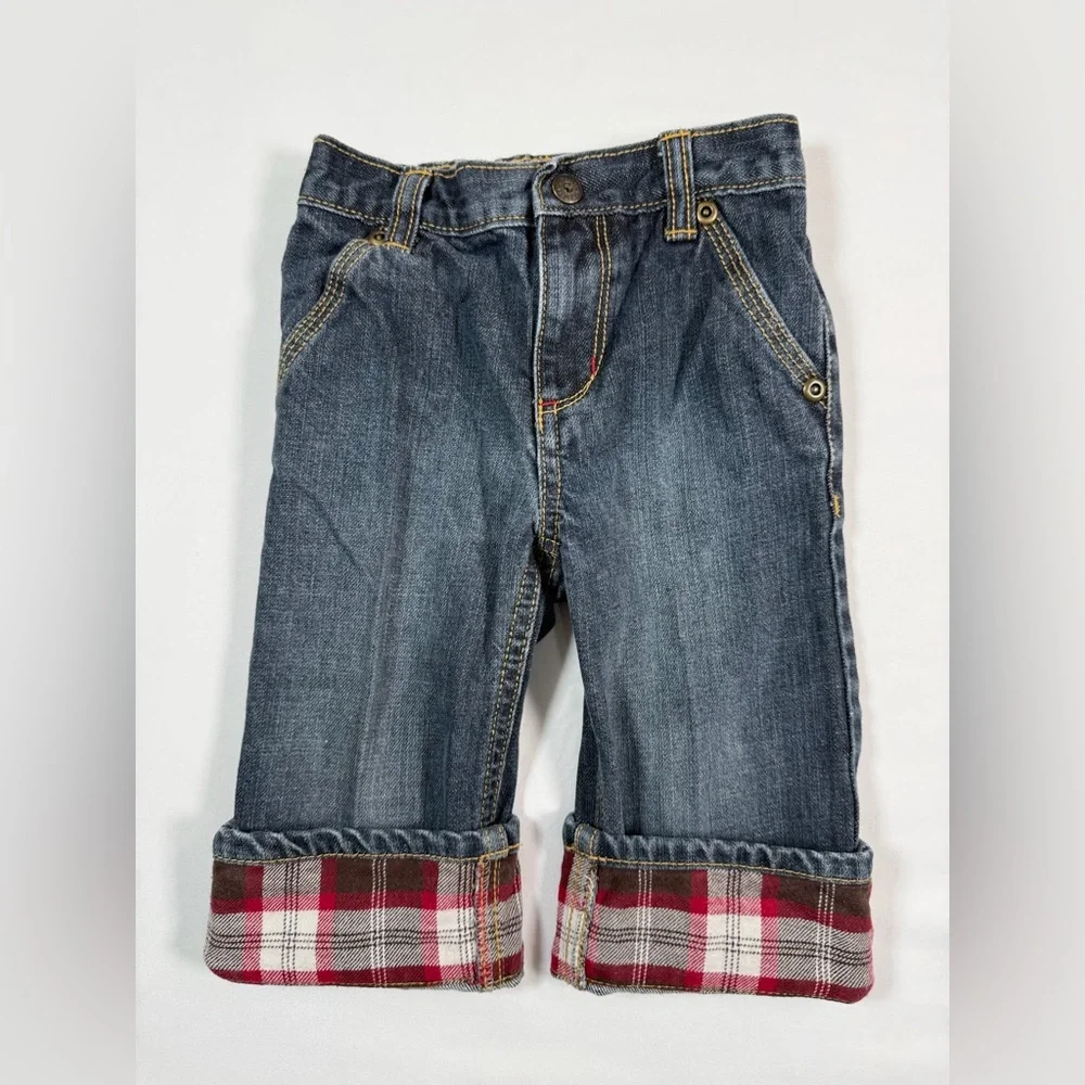 GYMBOREE Baby Boys' Plaid Cuff Dark Wash Denim Jeans Casual Rustic Size 12-18M